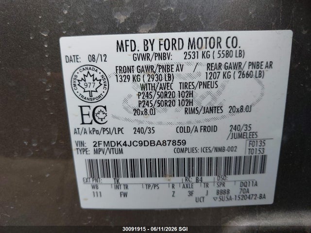 Продажа на аукционе авто 2013 Ford Edge Sel, vin: 2FMDK4JC9DBA87859, номер лота: 30091915
