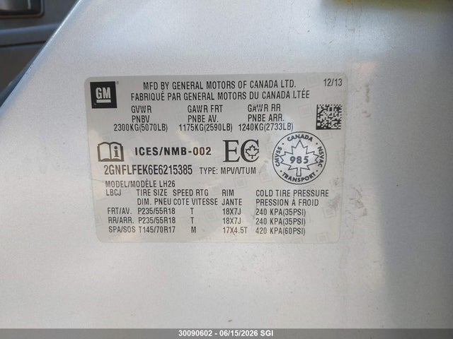 Продажа на аукционе авто 2014 Chevrolet Equinox Lt, vin: 2GNFLFEK6E6215385, номер лота: 30090602