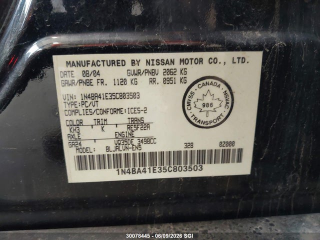 Продаж на аукціоні авто 2005 Nissan Maxima Se/sl, vin: 1N4BA41E35C803503, номер лоту: 30078445