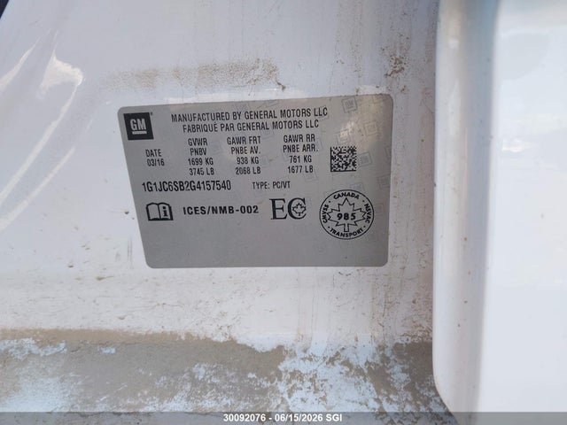 Chevrolet SONIC LT 2016 1G1JC6SB2G4157540 Image 9