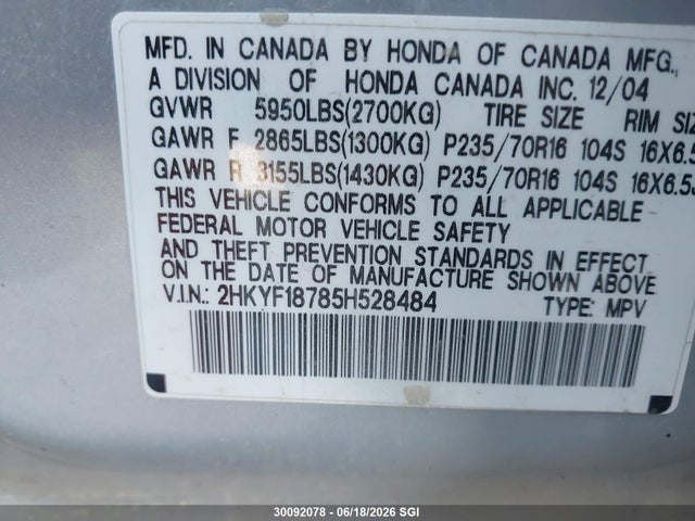 Продаж на аукціоні авто 2005 Honda Pilot Exl, vin: 2HKYF18785H528484, номер лоту: 30092078