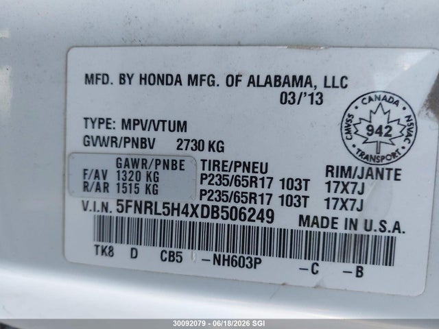 2013 Honda Odyssey Ex მანქანა იყიდება აუქციონზე, vin: 5FNRL5H4XDB506249, აუქციონის ნომერი: 30092079