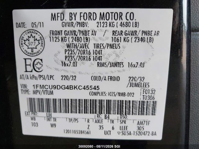 Продажа на аукционе авто 2011 Ford Escape Xlt, vin: 1FMCU9DG4BKC45545, номер лота: 30092080