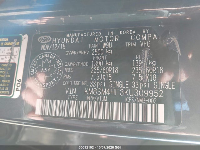 30092102 :رقم المزاد ، KM8SM4HF3KU309952 vin ، 2019 Hyundai Santa Fe Xl Se مزاد بيع