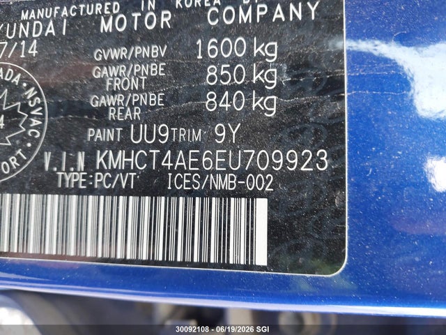 2014 Hyundai Accent Gls/gs მანქანა იყიდება აუქციონზე, vin: KMHCT4AE6EU709923, აუქციონის ნომერი: 30092108