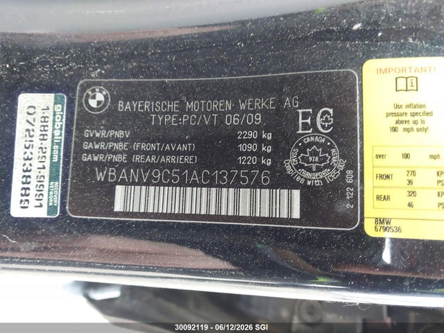 Aukcja sprzedaży 2010 Bmw 535 Xi, vin: WBANV9C51AC137576, numer aukcji: 30092119