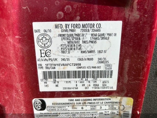 Продаж на аукціоні авто 2010 Ford F150 Supercrew, vin: 1FTFW1EV8AFC72958, номер лоту: 30092120