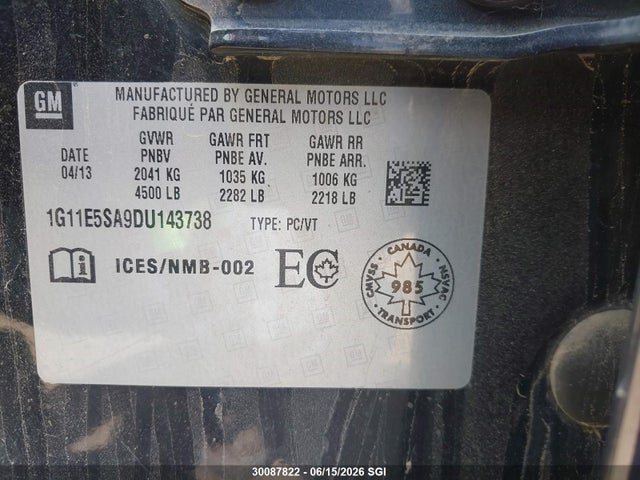 Aukcja sprzedaży 2013 Chevrolet Malibu 2lt, vin: 1G11E5SA9DU143738, numer aukcji: 30087822