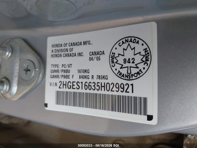 30092033 :رقم المزاد ، 2HGES16635H029921 vin ، 2005 Honda Civic Lx مزاد بيع