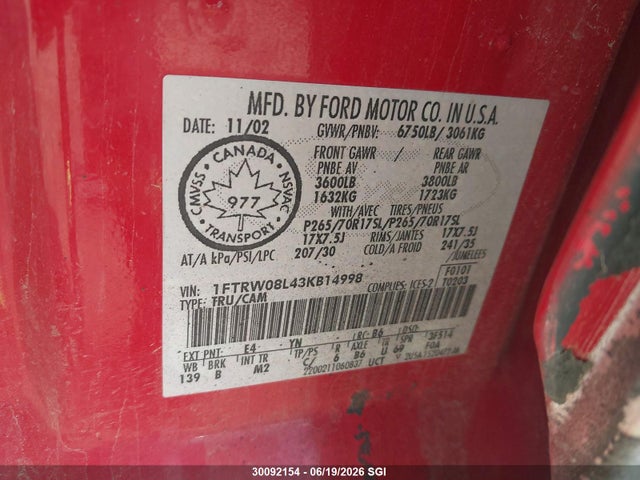 2003 Ford F150 Supercrew მანქანა იყიდება აუქციონზე, vin: 1FTRW08L43KB14998, აუქციონის ნომერი: 30092154