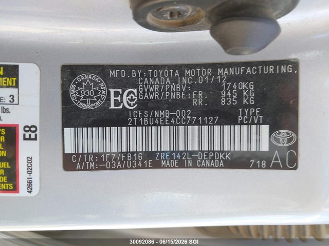 2012 Toyota Corolla S/le მანქანა იყიდება აუქციონზე, vin: 2T1BU4EE4CC771127, აუქციონის ნომერი: 30092086