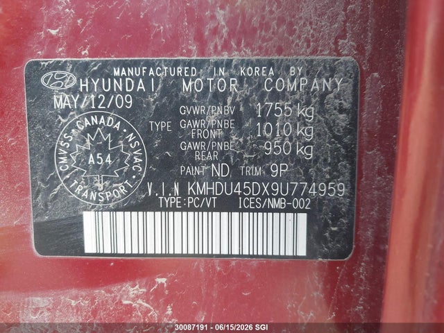 Продаж на аукціоні авто 2009 Hyundai Elantra Gls/se, vin: KMHDU45DX9U774959, номер лоту: 30087191