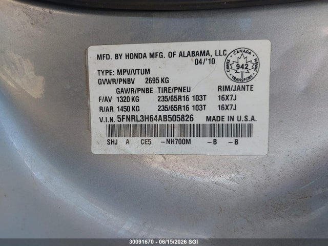 Продаж на аукціоні авто 2010 Honda Odyssey Exl, vin: 5FNRL3H64AB505826, номер лоту: 30091670