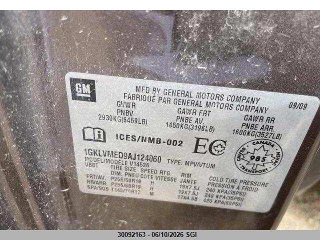 2010 Gmc Acadia Slt-1 მანქანა იყიდება აუქციონზე, vin: 1GKLVMED9AJ124060, აუქციონის ნომერი: 30092163