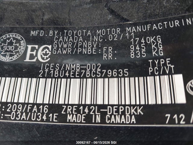 Aukcja sprzedaży 2011 Toyota Corolla S/le, vin: 2T1BU4EE7BC579635, numer aukcji: 30092167
