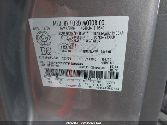 Продажа на аукционе авто 2007 Ford Escape Xlt, vin: 1FMYU93137KB94808, номер лота: 30092168