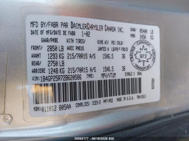 2002 Dodge Caravan Se მანქანა იყიდება აუქციონზე, vin: 1B4GP25R72B620586, აუქციონის ნომერი: 30092177