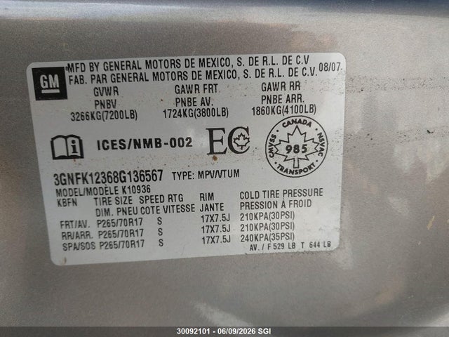2008 Chevrolet Avalanche K1500 მანქანა იყიდება აუქციონზე, vin: 3GNFK12368G136567, აუქციონის ნომერი: 30092101