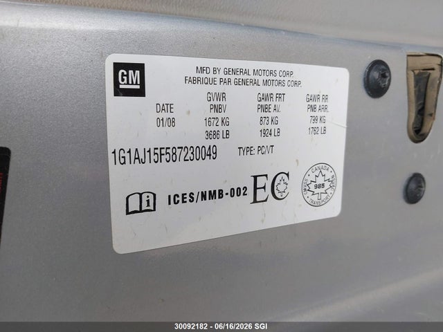 Aukcja sprzedaży 2008 Chevrolet Cobalt Ls, vin: 1G1AJ15F587230049, numer aukcji: 30092182