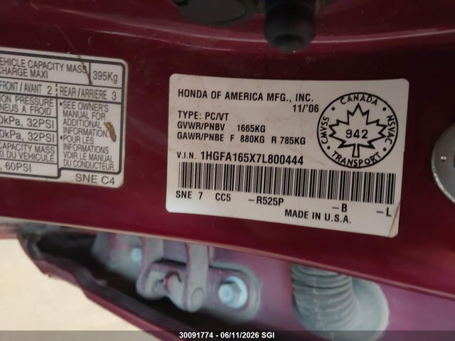 2007 Honda Civic Lx მანქანა იყიდება აუქციონზე, vin: 1HGFA165X7L800444, აუქციონის ნომერი: 30091774