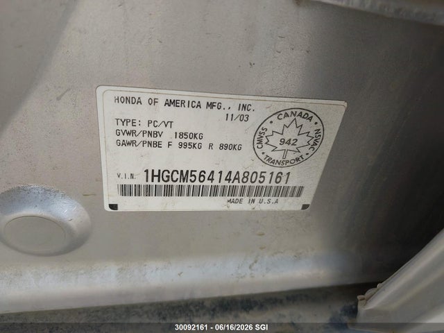 2004 Honda Accord Lx მანქანა იყიდება აუქციონზე, vin: 1HGCM56414A805161, აუქციონის ნომერი: 30092161