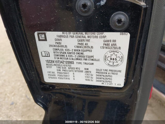 30090119 :رقم المزاد ، 1GCEK19T34Z120993 vin ، 2004 Chevrolet Silverado K1500 مزاد بيع