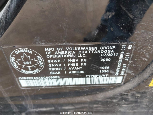 2012 Volkswagen Passat 2.5l Highline მანქანა იყიდება აუქციონზე, vin: 1VWCH7A31CC005389, აუქციონის ნომერი: 30085051