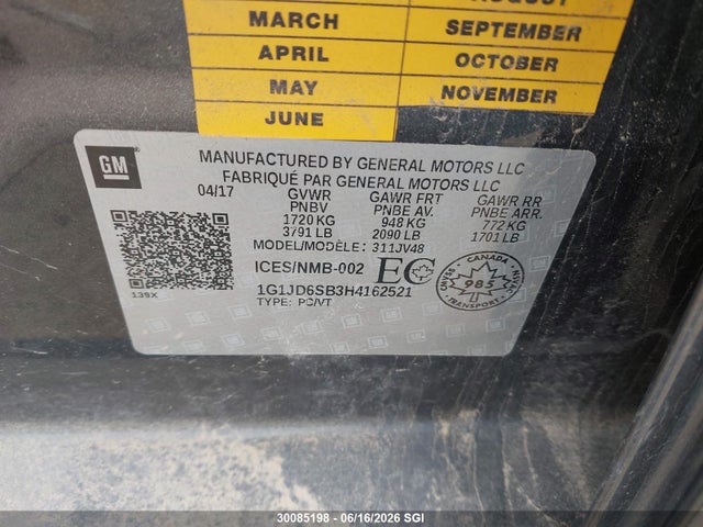30085198 :رقم المزاد ، 1G1JD6SB3H4162521 vin ، 2017 Chevrolet Sonic Lt Auto مزاد بيع
