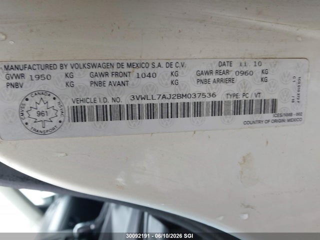 30092191 :رقم المزاد ، 3VWLL7AJ2BM037536 vin ، 2011 Volkswagen Jetta Tdi مزاد بيع