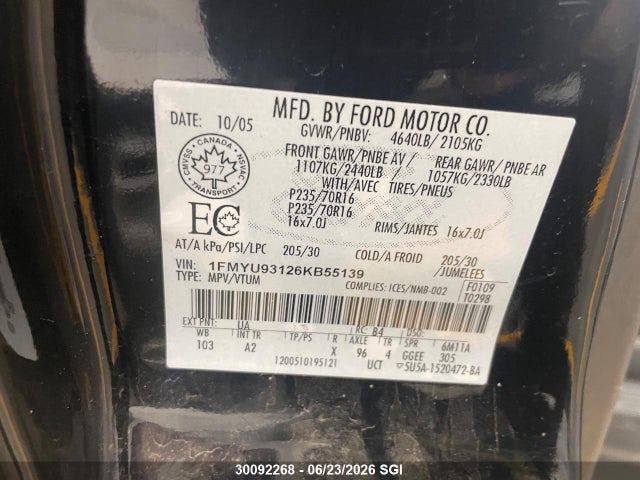 30092268 :رقم المزاد ، 1FMYU93126KB55139 vin ، 2006 Ford Escape Xlt مزاد بيع