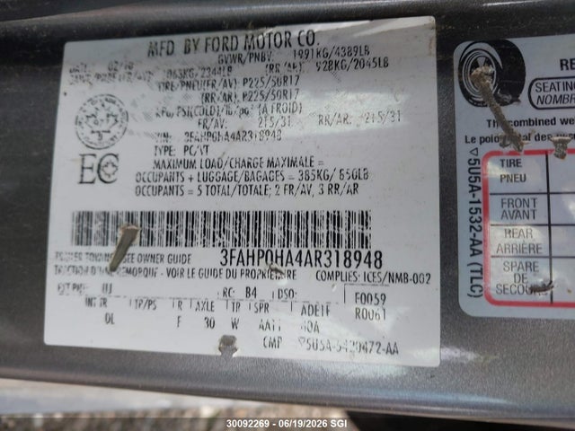 2010 Ford Fusion Se მანქანა იყიდება აუქციონზე, vin: 3FAHP0HA4AR318948, აუქციონის ნომერი: 30092269