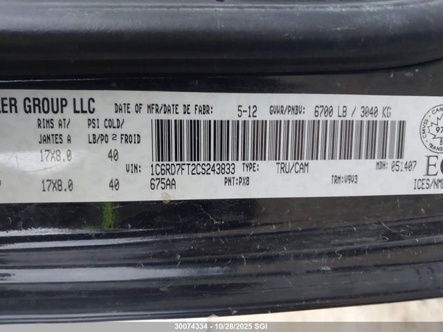 Продаж на аукціоні авто 2012 Dodge Ram 1500 St, vin: 1C6RD7FT2CS243833, номер лоту: 30074334