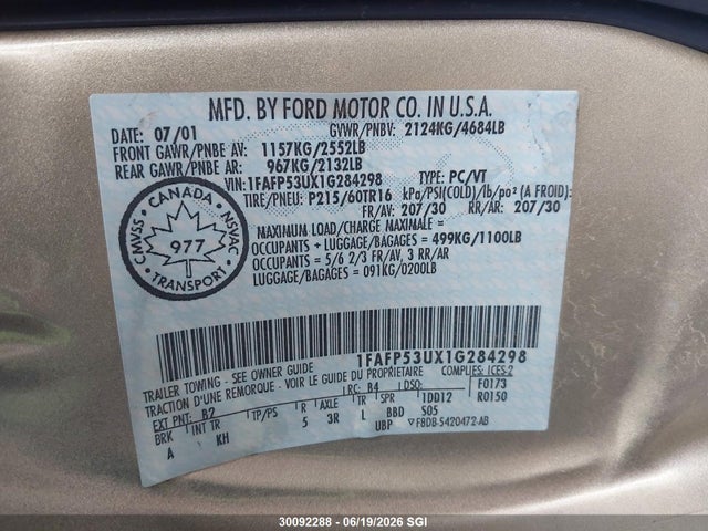 Продаж на аукціоні авто 2001 Ford Taurus Se, vin: 1FAFP53UX1G284298, номер лоту: 30092288