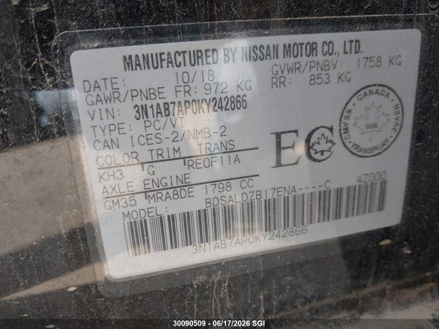 2019 Nissan Sentra S/sv/sr/sl მანქანა იყიდება აუქციონზე, vin: 3N1AB7AP0KY242866, აუქციონის ნომერი: 30090509
