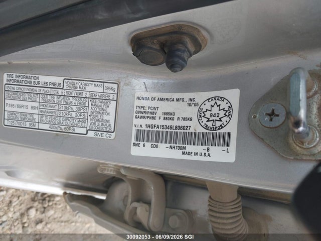 2006 Honda Civic Dx მანქანა იყიდება აუქციონზე, vin: 1HGFA15346L806027, აუქციონის ნომერი: 30092053