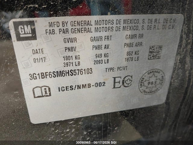 Aukcja sprzedaży 2017 Chevrolet Cruze Premier, vin: 3G1BF6SM6HS576103, numer aukcji: 30090965