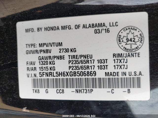 Продаж на аукціоні авто 2016 Honda Odyssey Exl, vin: 5FNRL5H6XGB506869, номер лоту: 30091383