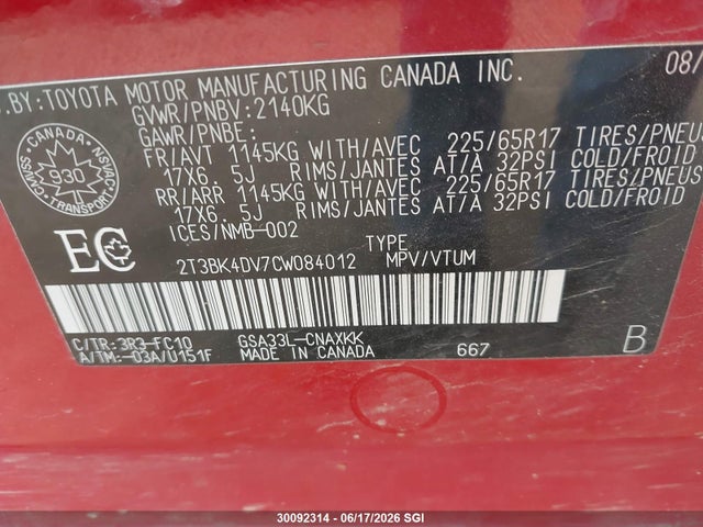 2012 Toyota Rav4 Base V6 მანქანა იყიდება აუქციონზე, vin: 2T3BK4DV7CW084012, აუქციონის ნომერი: 30092314
