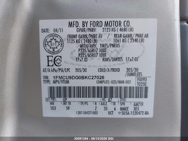 Продажа на аукционе авто 2011 Ford Escape Xlt, vin: 1FMCU9DG0BKC27026, номер лота: 30091394