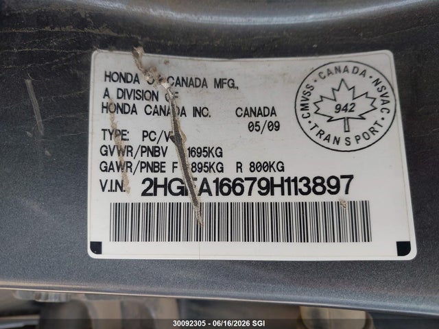 30092305 :رقم المزاد ، 2HGFA16679H113897 vin ، 2009 Honda Civic Lx-s مزاد بيع