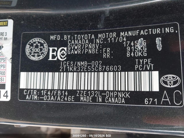 2005 Toyota Corolla Matrix Xr მანქანა იყიდება აუქციონზე, vin: 2T1KR32E55C876603, აუქციონის ნომერი: 30091260