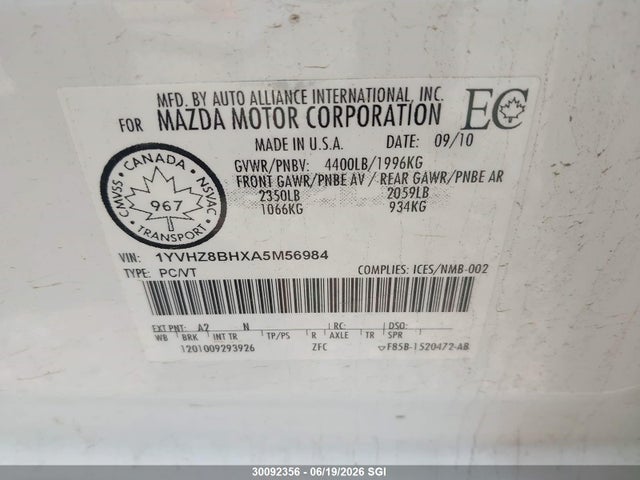 Продаж на аукціоні авто 2010 Mazda 6 I, vin: 1YVHZ8BHXA5M56984, номер лоту: 30092356