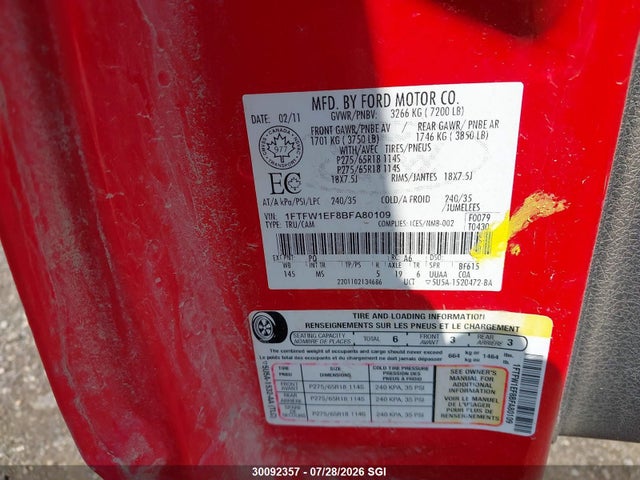 Продажа на аукционе авто 2011 Ford F150 Supercrew, vin: 1FTFW1EF8BFA80109, номер лота: 30092357