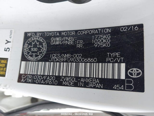 Продажа на аукционе авто 2016 Toyota Prius, vin: JTDKBRFU9G3006860, номер лота: 30092362