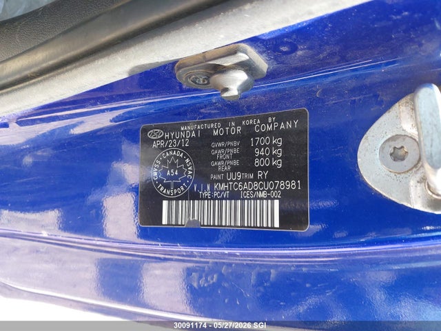 Продаж на аукціоні авто 2012 Hyundai Veloster, vin: KMHTC6AD8CU078981, номер лоту: 30091174