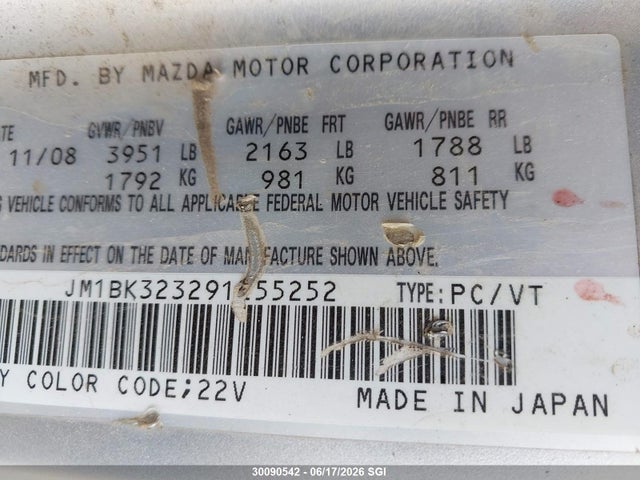 Продаж на аукціоні авто 2009 Mazda 3 S, vin: JM1BK323291255252, номер лоту: 30090542