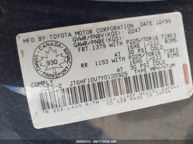 30092312 :رقم المزاد ، JT6HF10U7Y0120925 vin ، 2000 Lexus Rx 300 مزاد بيع