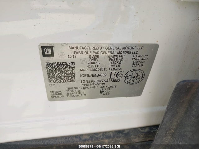 30086879 :رقم المزاد ، 1GNEVFKW7KJ178553 vin ، 2019 Chevrolet Traverse Ls مزاد بيع