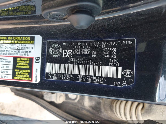 2015 Toyota Corolla L/le/le Pls/prm/s/s Pls მანქანა იყიდება აუქციონზე, vin: 2T1BURHE2FC418737, აუქციონის ნომერი: 30091031