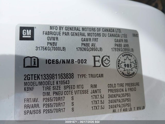 Aukcja sprzedaży 2008 Gmc Sierra K1500, vin: 2GTEK133981163838, numer aukcji: 30091671